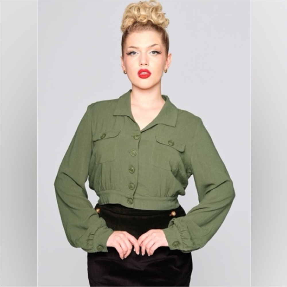Collectif Poppy Gab Gaberdine Retro Green Cropped Button Up Top Jacket NWOT